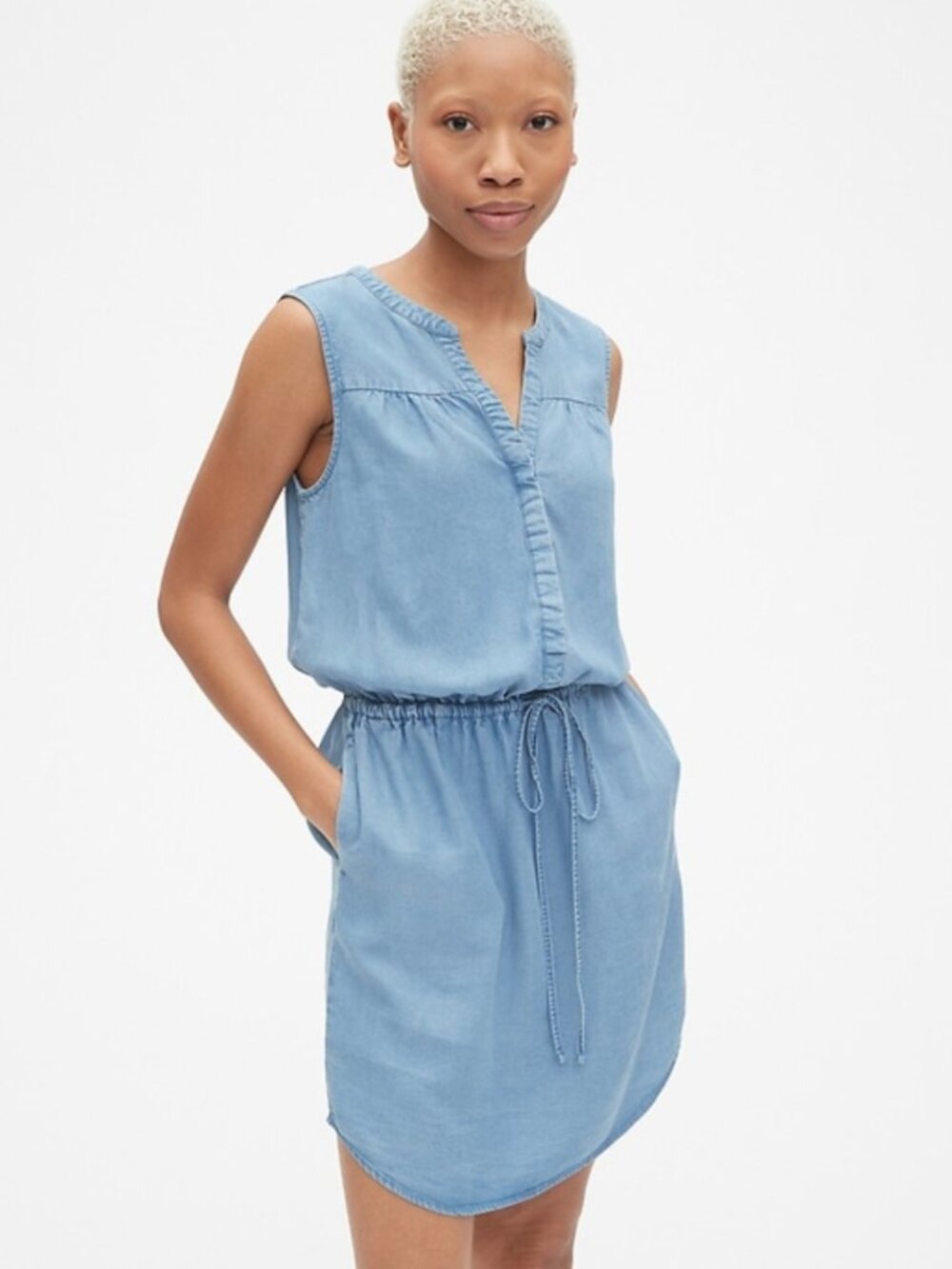 Gap Perfect Sleeveless Tie-Waist Shirtdress Dress TENCEL Women's Blue Size S